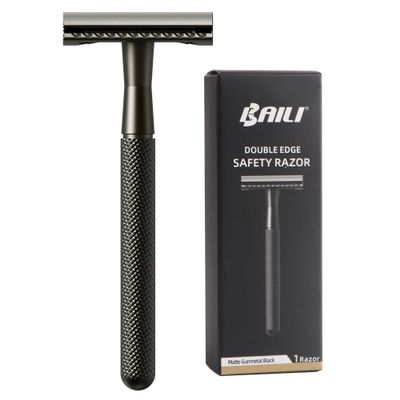 BAILI Double Edge Safety Razor Reusable Manual Long Handle Stainless Steel DE Wet Shaving for Men Women Beard Bikini Armpit Leg Hair Removal Matte Black BDB3G
