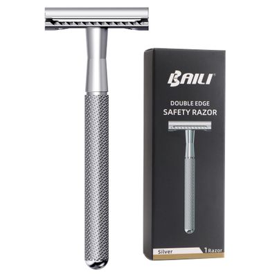 BAILI Double Edge Safety Razor Reusable Manual Long Handle Stainless Steel DE Wet Shaving for Men Women Beard Bikini Armpit Leg Hair Removal BDB3G