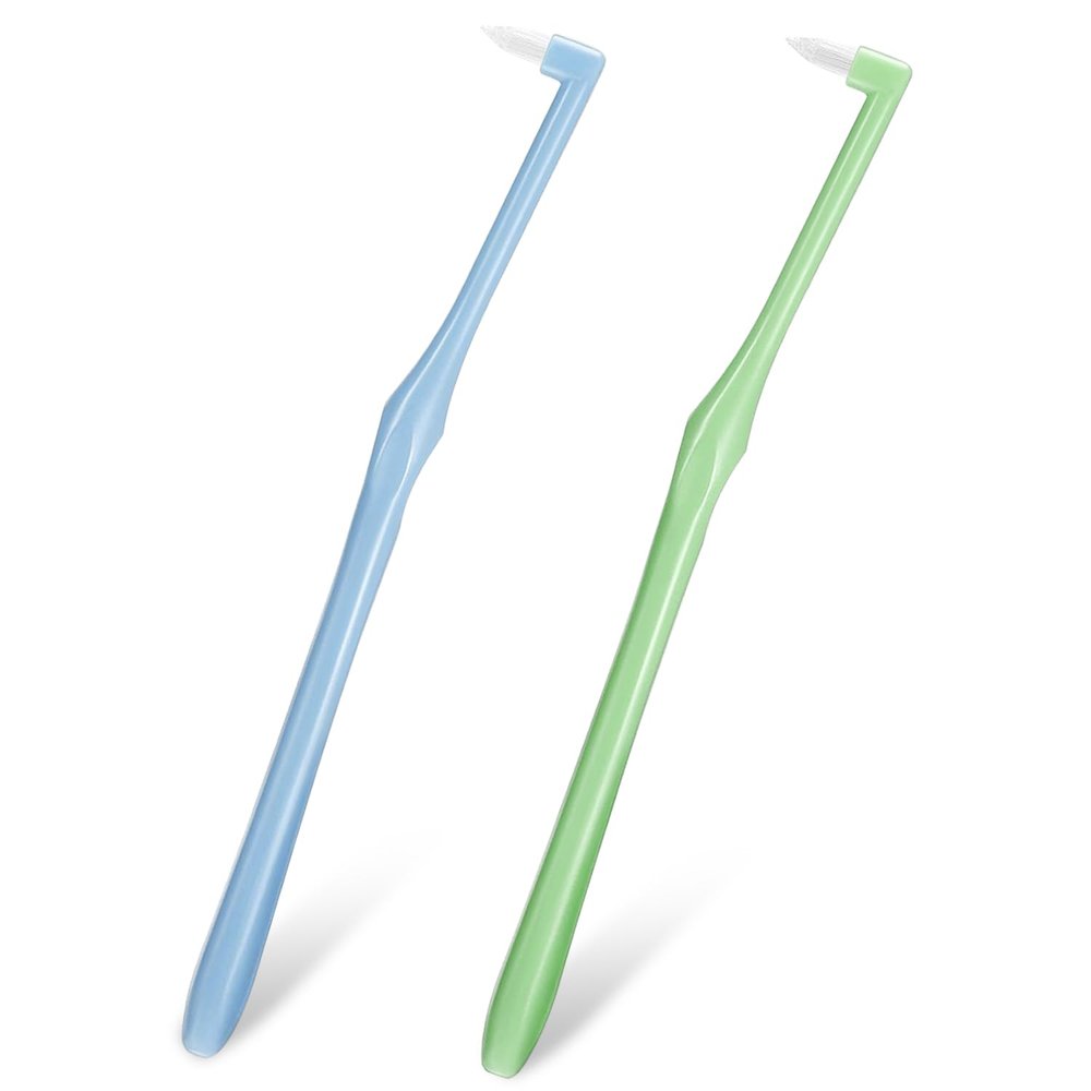 2Pcs Single Tufted Toothbrush Interspace Tuft Toothbrushes Compact Soft Tartar Remover Teeth Brush for Orthodontic Detail Cleaning Cracks Corners Gap Impurities (Green & Blue)
