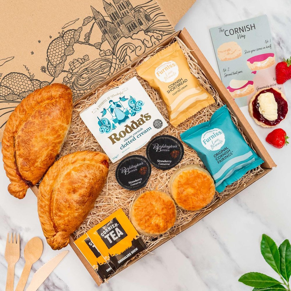 Cornish Cream Tea Hamper + Cheese & Onion Pasty 2 Person Deluxe Set Gifts Fresh Scones, Tea, Jam, Roddas Clotted Cream, Cornish Cheese & Onion Pasies & Biscuits - Anniversary & Special Occasions