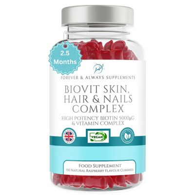 Hair Skin & Nails Gummies, 150 Vegan Raspberry Flavoured Biotin Hair Growth Gummies, high Strength 5000ug of Biotin & 13 Essential Vitamins for Women and Men
