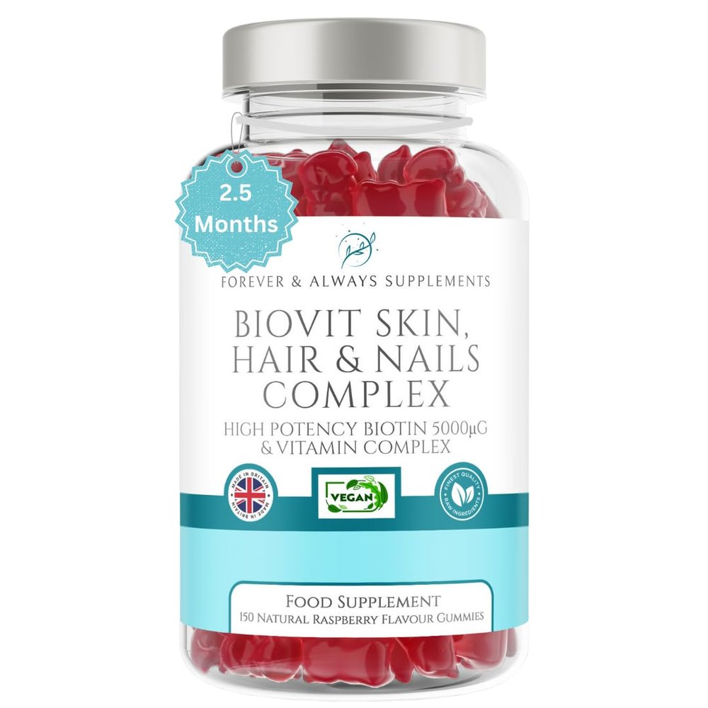 Hair Skin & Nails Gummies, 150 Vegan Raspberry Flavoured Biotin Hair Growth Gummies, high Strength 5000ug of Biotin & 13 Essential Vitamins for Women and Men