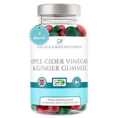 Apple Cider Vinegar Gummies with The Mother & Ginger x 120 (2 Month Supply), Each Vegan ACV Natural Apple Flavour Gummy Contains 500mg of Apple Cider Vinegar & 10mg of Ginger Extract per serv