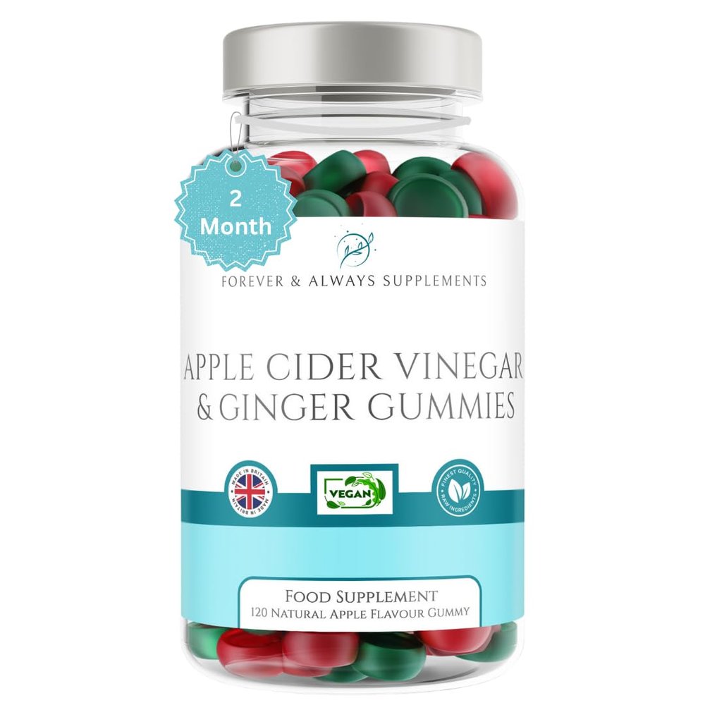 Apple Cider Vinegar Gummies with The Mother & Ginger x 120 (2 Month Supply), Each Vegan ACV Natural Apple Flavour Gummy Contains 500mg of Apple Cider Vinegar & 10mg of Ginger Extract per serv