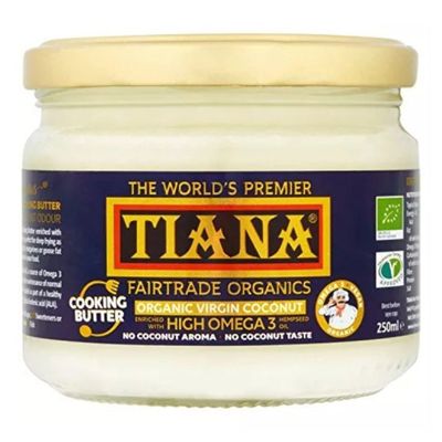 Omega-3 Virgin Coconut Cooking Butter 250ml (Pack of 4)  Organic, Cold Pressed & Odourless  Vegan Coconut Oil with Hempseed Omega-3  Dairy-Free Butter Alternative  Fairtrade  TIANA