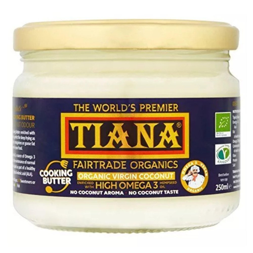 Omega-3 Virgin Coconut Cooking Butter 250ml (Pack of 4)  Organic, Cold Pressed & Odourless  Vegan Coconut Oil with Hempseed Omega-3  Dairy-Free Butter Alternative  Fairtrade  TIANA