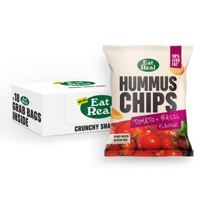 Eat Real, Hummus Chips, Tomato and Basil, 18 X 45g, Gluten-Free Crisps Multipack, Vegan-Friendly, Healthy Snacks, Plant-Based