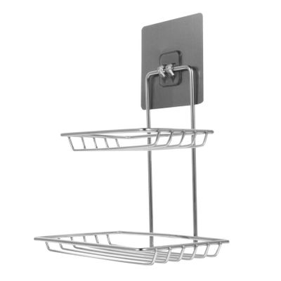 Amosfun Stainless Steel Double Soap Box Kitchen Storage Shelf for Bathroom Items Punch Rack Wall Shelf to Hold Soap Sponge Holder