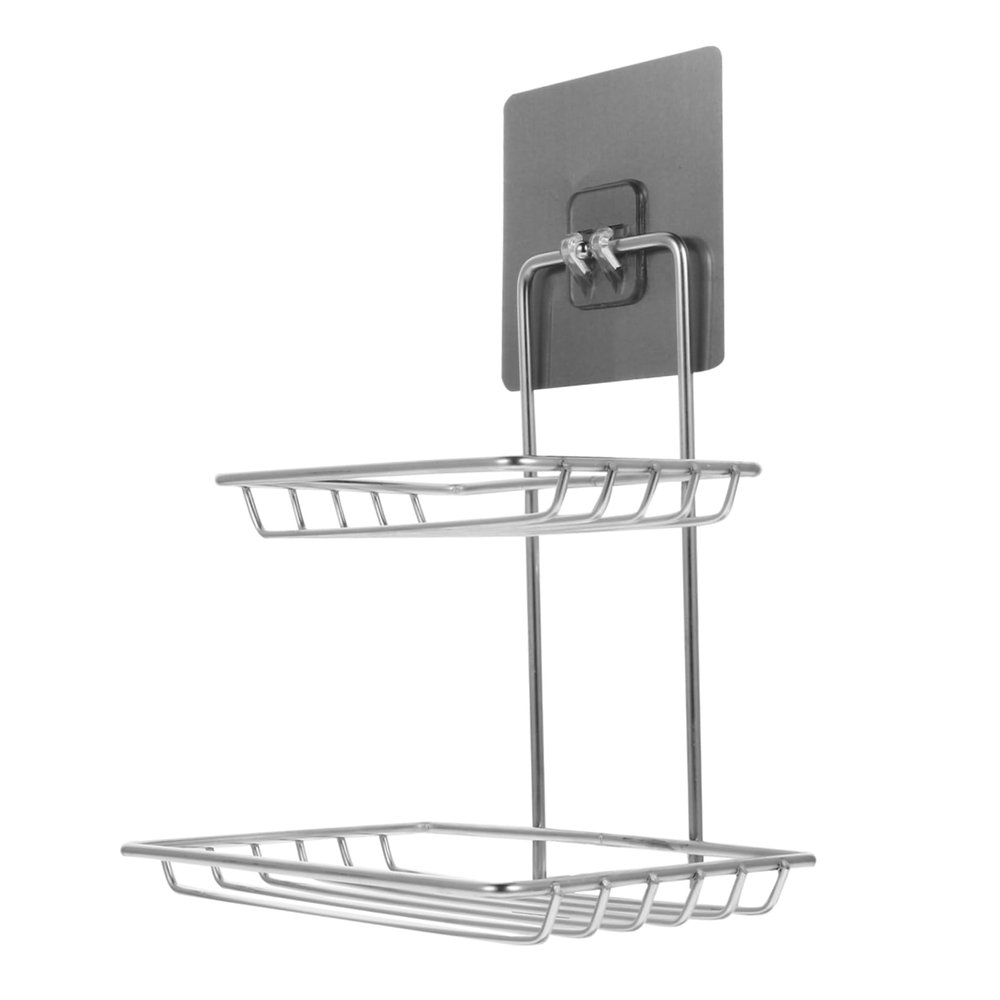 Amosfun Stainless Steel Double Soap Box Kitchen Storage Shelf for Bathroom Items Punch Rack Wall Shelf to Hold Soap Sponge Holder