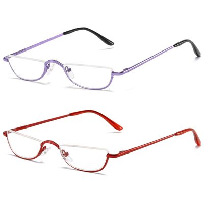 ABETOS 2 Pack Half Moon Reading Glasses Half Frame Semi Rimless Metal Strong Eyewear Spring Hinge Clear Lens Lightweight Fashion Computer Readers for Men Women, Purple&Red 2.75