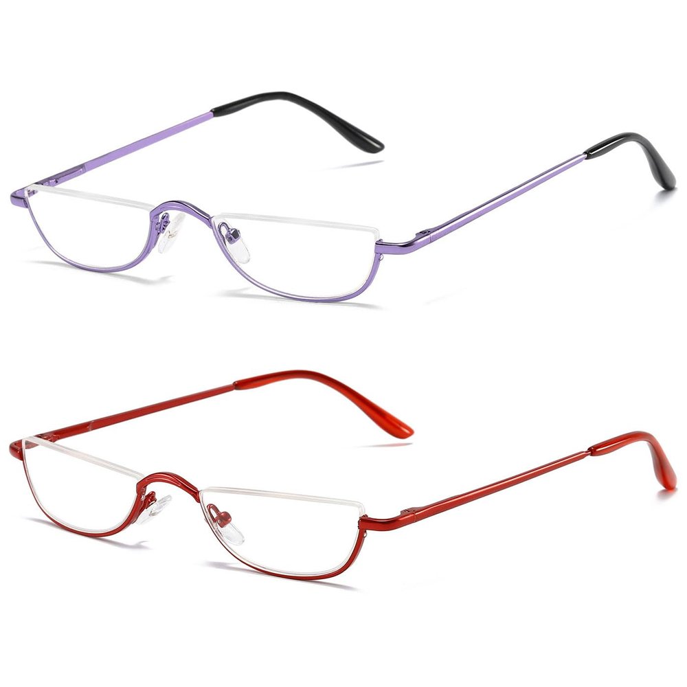 ABETOS 2 Pack Half Moon Reading Glasses Half Frame Semi Rimless Metal Strong Eyewear Spring Hinge Clear Lens Lightweight Fashion Computer Readers for Men Women, Purple&Red 2.75