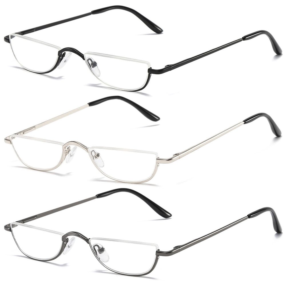 ABETOS 3 Pack Half Moon Reading Glasses Half Frame Semi Rimless Metal Strong Eyewear Spring Hinge Clear Lens Lightweight Fashion Computer Readers for Men Women, Black&Silver&Grey 2.25