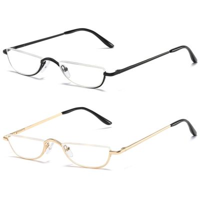 ABETOS 2 Pack Half Moon Reading Glasses Half Frame Semi Rimless Metal Strong Eyewear Spring Hinge Clear Lens Lightweight Fashion Computer Readers for Men Women, Black&Gold 1.0