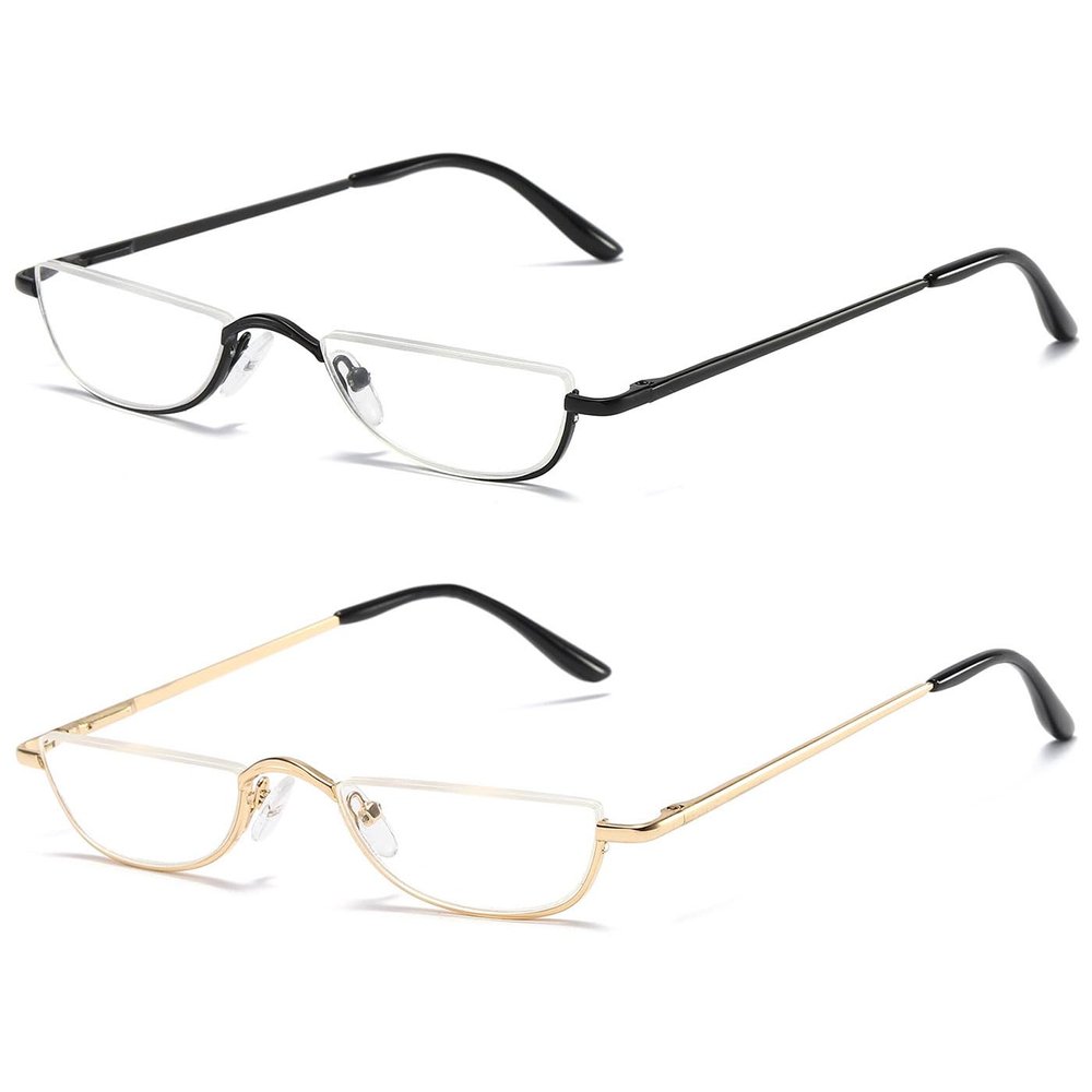 ABETOS 2 Pack Half Moon Reading Glasses Half Frame Semi Rimless Metal Strong Eyewear Spring Hinge Clear Lens Lightweight Fashion Computer Readers for Men Women, Black&Gold 1.0