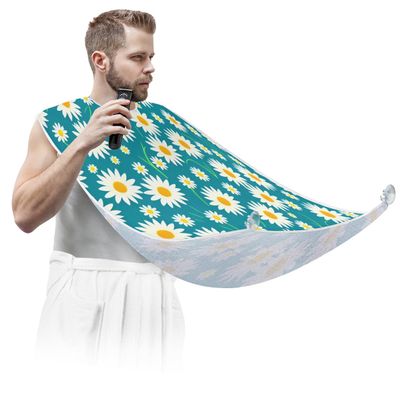 Beard Bib Apron for Men, Beard Trimming Hair Catcher Bib for Shaving, Non-Stick Beard Cape Grooming Cloth with 2 Suction Cups, Gifts for Dad Husband Boyfriend, Daisy Flowers Green Background