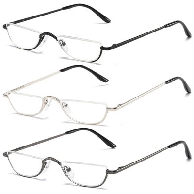ABETOS 3 Pack Half Moon Reading Glasses Half Frame Semi Rimless Metal Strong Eyewear Spring Hinge Clear Lens Lightweight Fashion Computer Readers for Men Women, Black&Silver&Grey 3.0