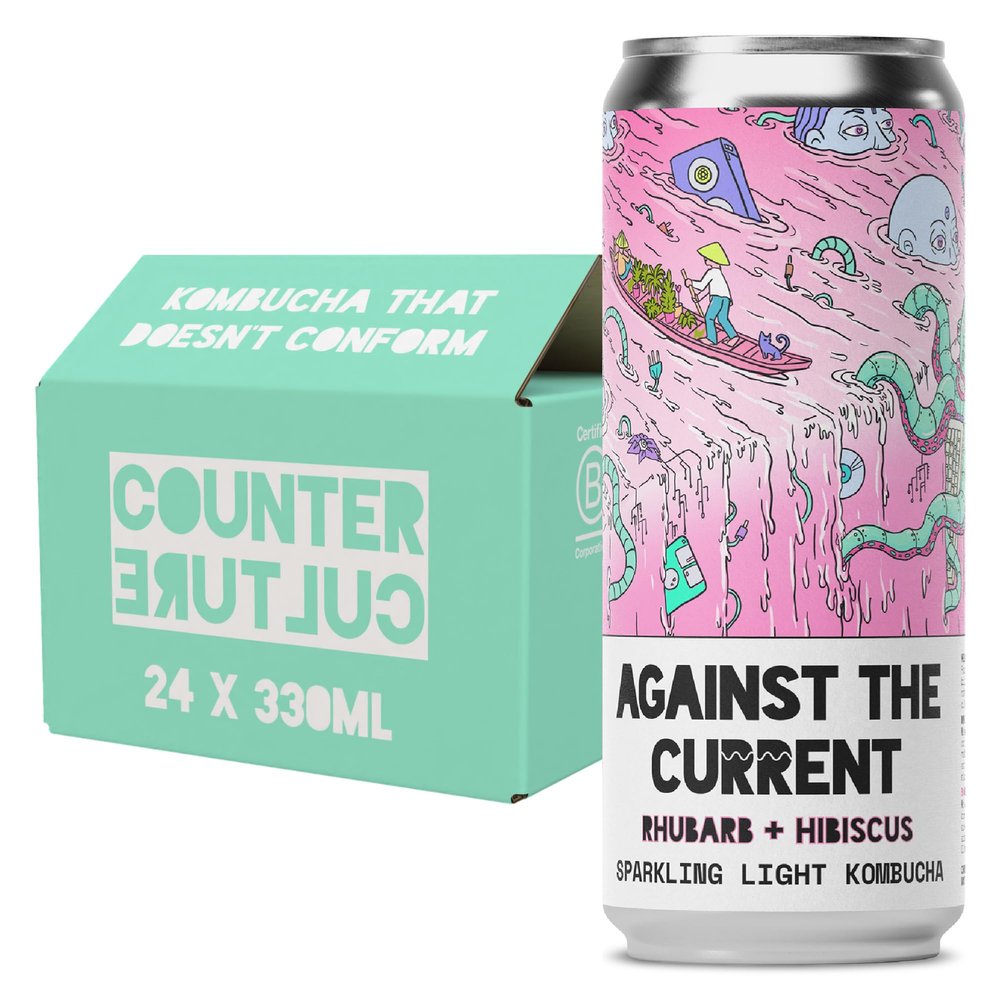 Counter Culture Kombucha Soda, Kombucha Soda, Loud Flavours & Low Calories, Probiotic Drink for Gut Health (24 x 330ml, Rhubarb & Hibiscus)