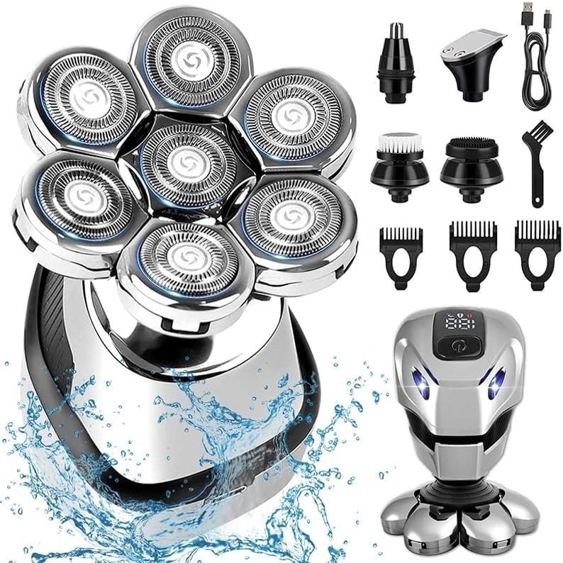 GeRRiT Electric Razor for Men's, 7D Electric Razor for Men 5 in 1 Head Shavers Rotary Shaver Waterproof Grooming Kit Cordless 7 Blade Bald Shaver LED Display