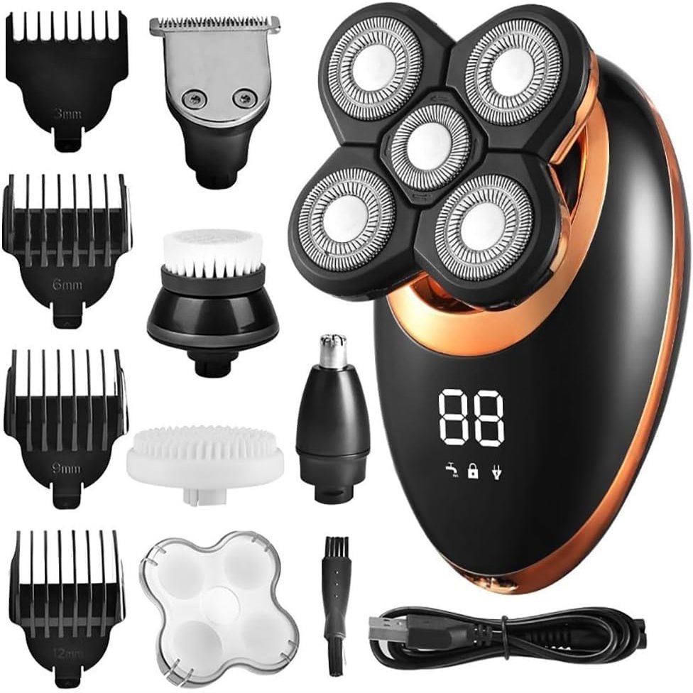 GeRRiT Electric Shavers for Men, 5 in 1 IPX7 Waterproof Electric Shaver Razor for Men Beard Hair Trimmer Rechargeable Bald Head Shaving Machine LCD Display Grooming Kit