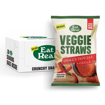 Eat Real, Veggie Straws, Smoked Paprika & Chilli, 10 x 110g, Gluten-Free Snack Option, Healthy and Low Calories, Rice-Based Straws