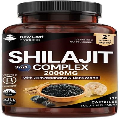 Shilajit Complex - Himilayan Shilajit enriched with Ashwagandha & Lions Mane, High Strength 2000mg Shilajit Complex Capsules with 60% Fulvic Acid - 2 Months Supply Made in The UK by New Leaf