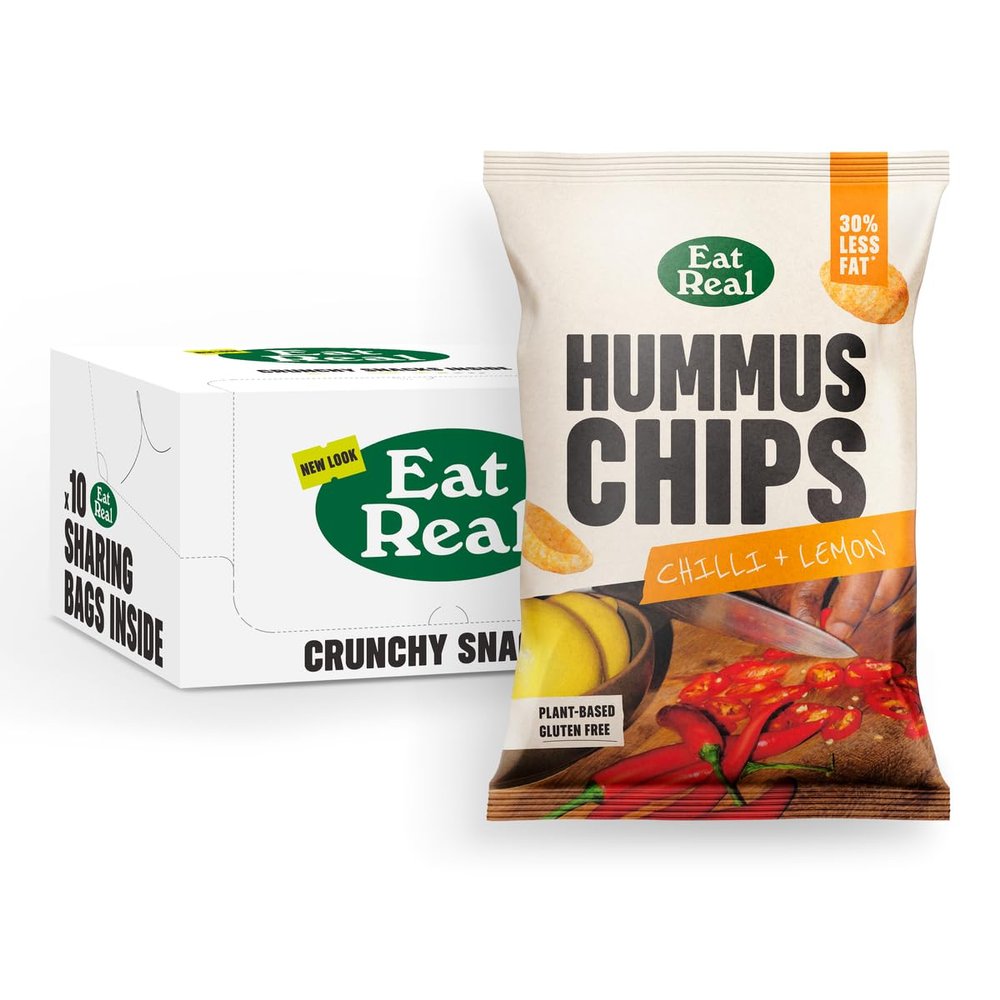 Eat Real, Hummus Chips, Chilli & Lemon, 10 X 110g, Gluten-Free Crisps Multipack, Vegan-Friendly, Healthy Snacks, 30% Less Fat