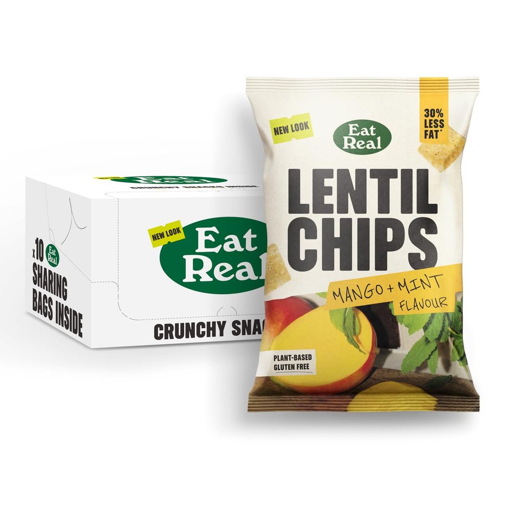 Eat Real, Mango and Mint Lentil Chips, 10 x 95g, Gluten-Free Snack Option, Healthy and Plant-Based Multipack Crisps, 30% Less Fat