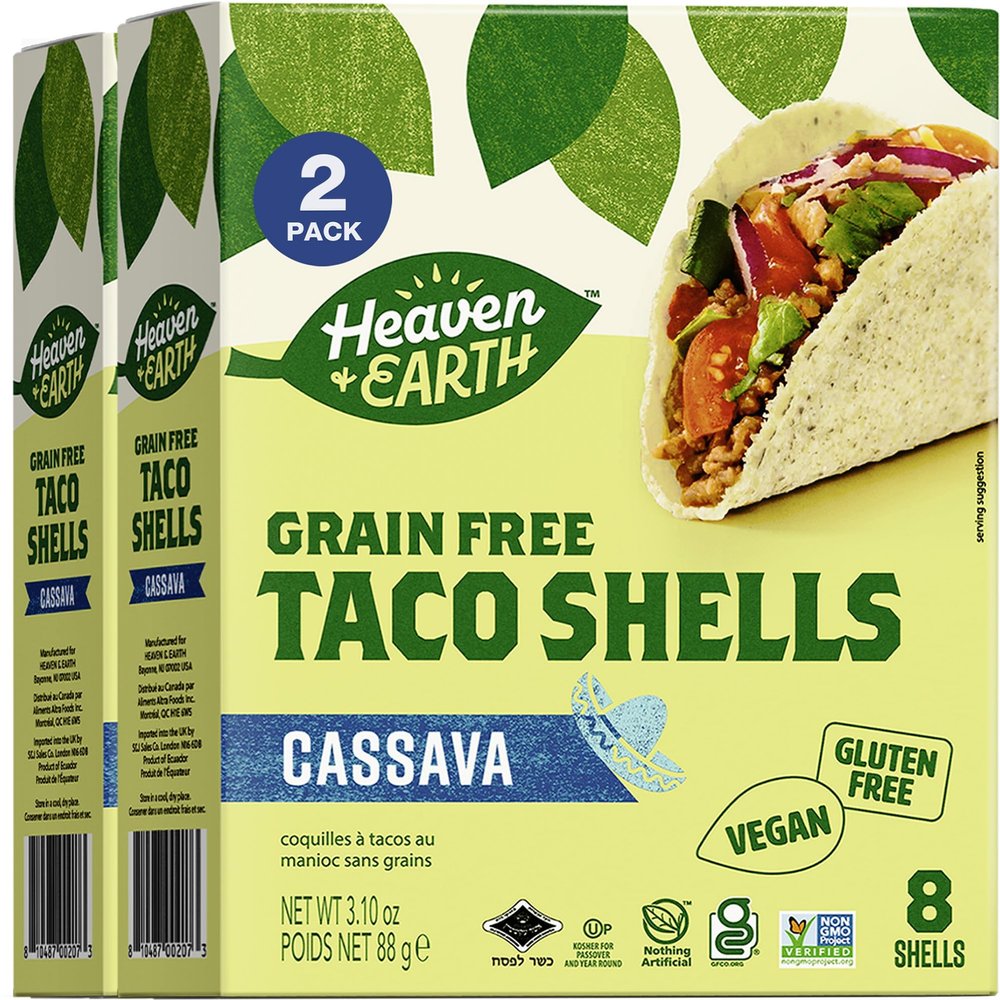 H&E Cassava Tacos, 2 Pack - Heaven & Earth Cassava Taco Shells, Gluten and Grain Free (2 Pack 16 Taco Shells) | Made with Cassava Flour | Paleo & Vegan | Kosher for Passover