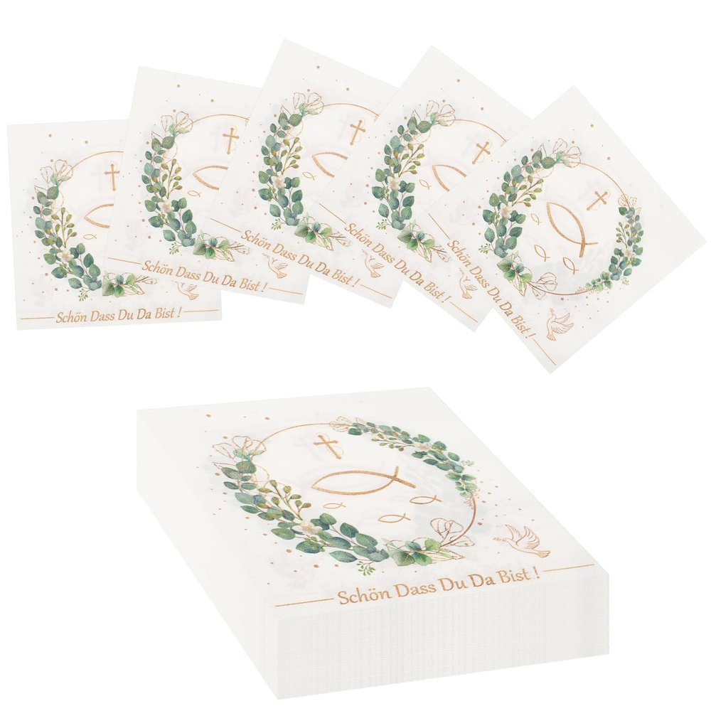 YSsgjK Pack of 50 Napkins, Paper, 33 x 33 cm, 50.0 count, Disposable Napkin, Communion, Christening, Eucalyptus Design