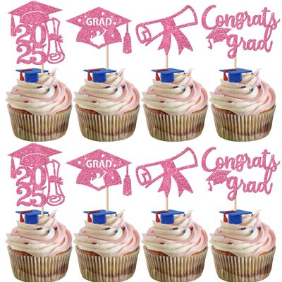 Rsstarxi 36 Pack 2024 Graduation Cupcake Toppers Glitter Class of 2024 Graduation Cap Diploma Cupcake Picks Decorations for Congrats Grad 2024 Graduation Theme Party Cake Decorations Pink