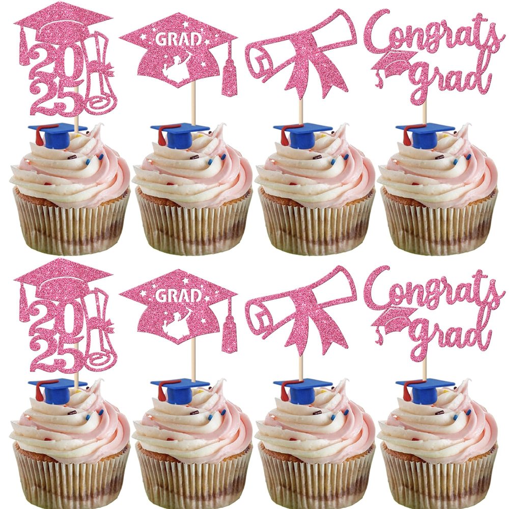 Rsstarxi 36 Pack 2024 Graduation Cupcake Toppers Glitter Class of 2024 Graduation Cap Diploma Cupcake Picks Decorations for Congrats Grad 2024 Graduation Theme Party Cake Decorations Pink