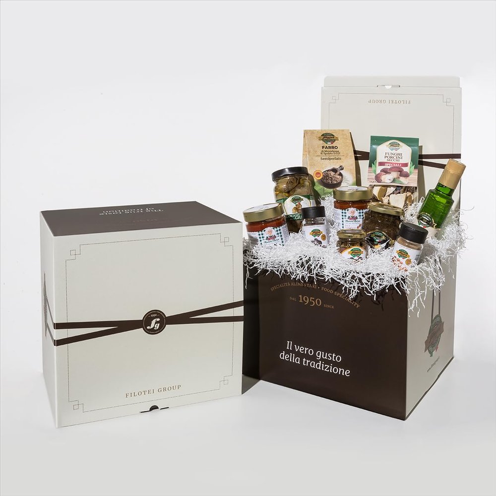 Box Provivista Big, Gourmet Basket, Dried Mushrooms, PDO Spelt, White Truffle Oil, 1 Truffle Sauce, 1 Mushroom Sauce, 1 Mushroom Sprinkler and 1 Truffle, Truffle Cream and Sauce, Artichokes