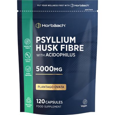 Psyllium Husk Capsules 5000mg with Acidophilus | Natural Soluble Fibre Supplement with ProBio | Plantago Ovata Seed Husk Extract | 120 Vegan Capsules | by Horbaach