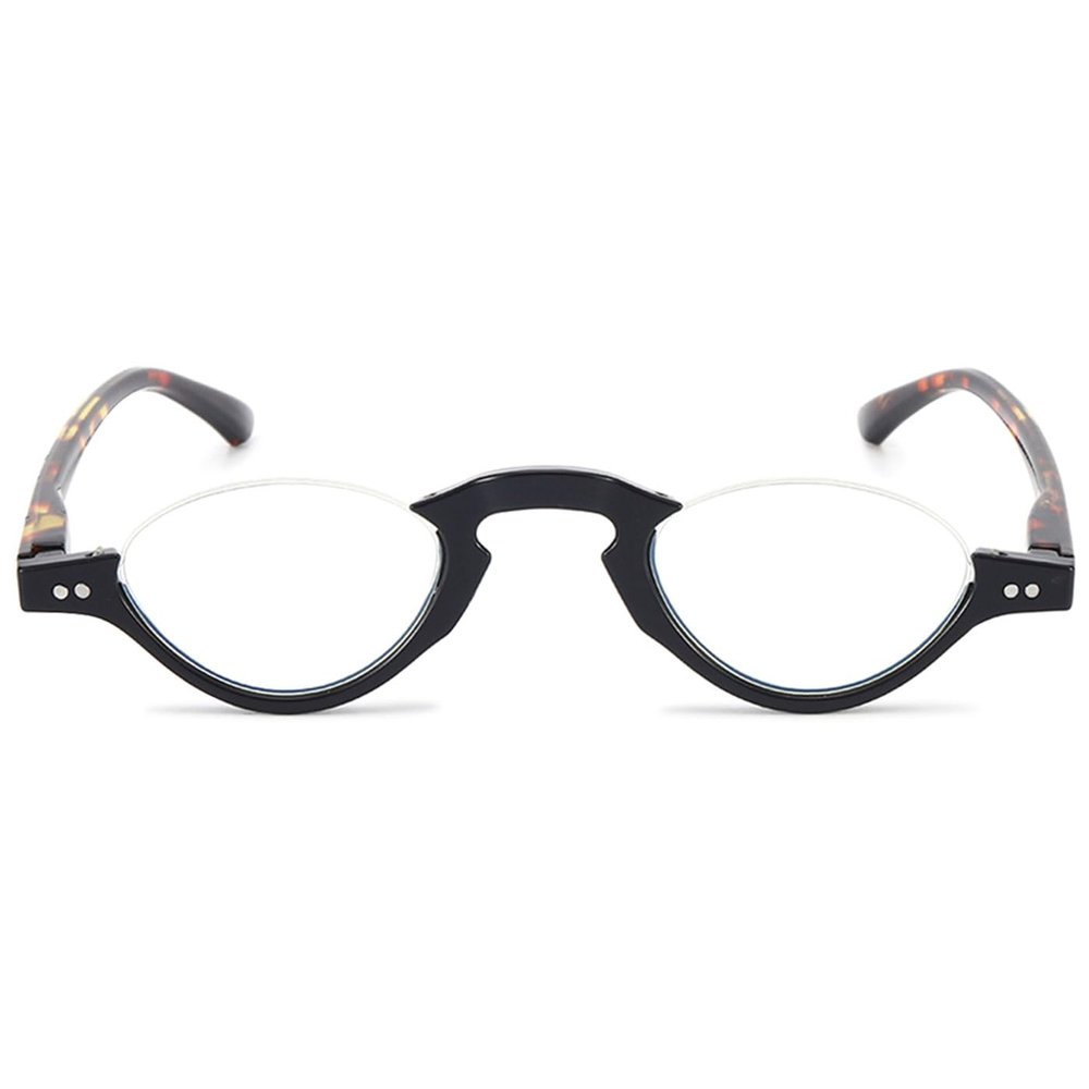 ABETOS Half Frame Reading Glasses Blue Light Blocking Computer Readers Men Women Fashion Small Retro Half Moon Lens Spring Hinge Lightweight Eyeglasses, Black&Leopard 1.5