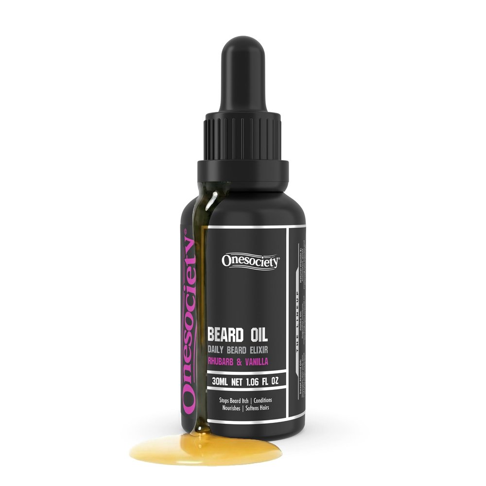 ONESOCIETY Natural Beard Oil for Men Bachelor Rhubarb & Vanilla (30ml) - With Essential Oil, Argon & Jojoba Oils - Softens & Strengthens Beards and Mustaches for Men - Vitamin E Oil