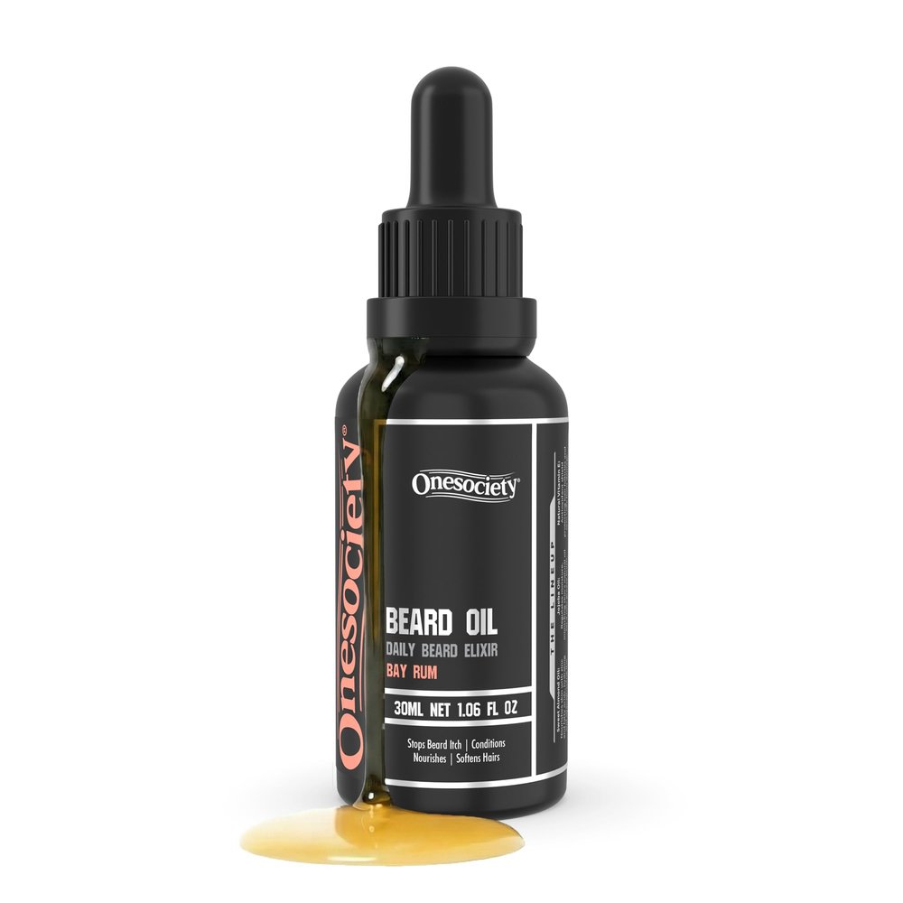 ONESOCIETY Bay Rum Natural Beard Oil For Men (30ml) - With Argon & Jojoba Oils for Growth - Softens & Strengthens Beard And Moustache For Men - Vitamin E Oil
