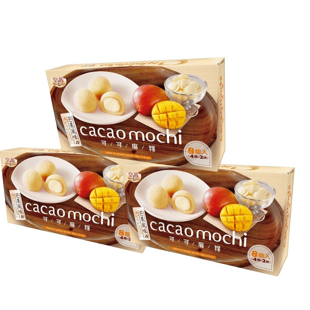 Royal Family Cacao Mochi Japanese Style Daifuku Sweet Rice Cake Desserts Snacks (8 Pieces) 80g - Mango (Pack of 3)