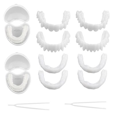 Brigtviee False Teeth Veneers Top & Bottom Instant Veneers Denture, 2 Pairs Fake Teeth Smile Veneer Snap on Dentures with Mini Tweezers for Men Women Cover Imperfect Teeth Restore Confidence Smile