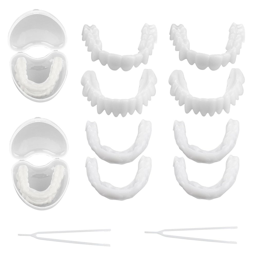 Brigtviee False Teeth Veneers Top & Bottom Instant Veneers Denture, 2 Pairs Fake Teeth Smile Veneer Snap on Dentures with Mini Tweezers for Men Women Cover Imperfect Teeth Restore Confidence Smile