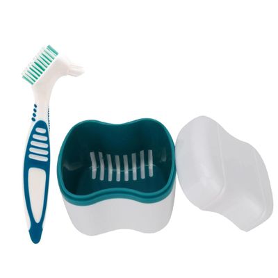 Denture Bath Box with Strainer Basket, Dental Retainer Brush and Container Case, Denture Care Set for Travel and Daily Use, Dark Green
