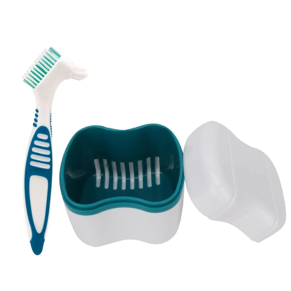 Denture Bath Box with Strainer Basket, Dental Retainer Brush and Container Case, Denture Care Set for Travel and Daily Use, Dark Green