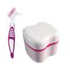 Denture Bath Box with Strainer Basket, Dental Retainer Brush and Container Case, Denture Care Set for Travel and Daily Use, Pink view 1