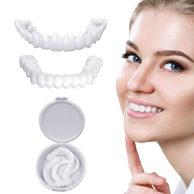 2 Pairs False Teeth Veneers Top and Bottom, Clip in Veneers Teeth Dentures Fake Braces Covers Bad Teeth, Natural Shade Dentures Silicone for Men and Women, with Tweezers