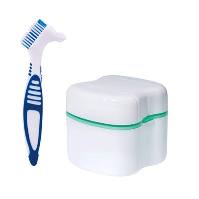Denture Case and Brush Kit, Denture Bath Box False Teeth Container with Strainer, Dental Retainer Storage Box [Lake Green]