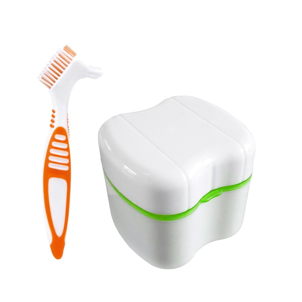 Denture Case and Brush Kit, Denture Bath Box False Teeth Container with Strainer, Dental Retainer Storage Box [Apple Green]