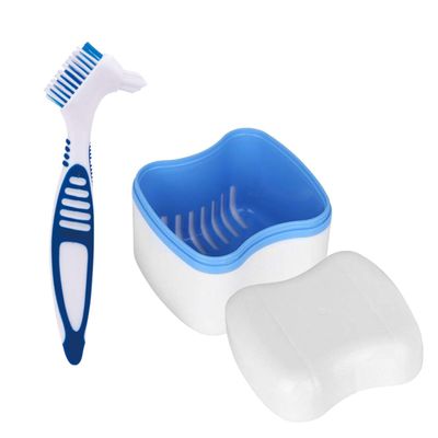 Denture Case and Brush Kit, Denture Bath Box False Teeth Container with Strainer, Dental Retainer Storage Box [Light Blue]