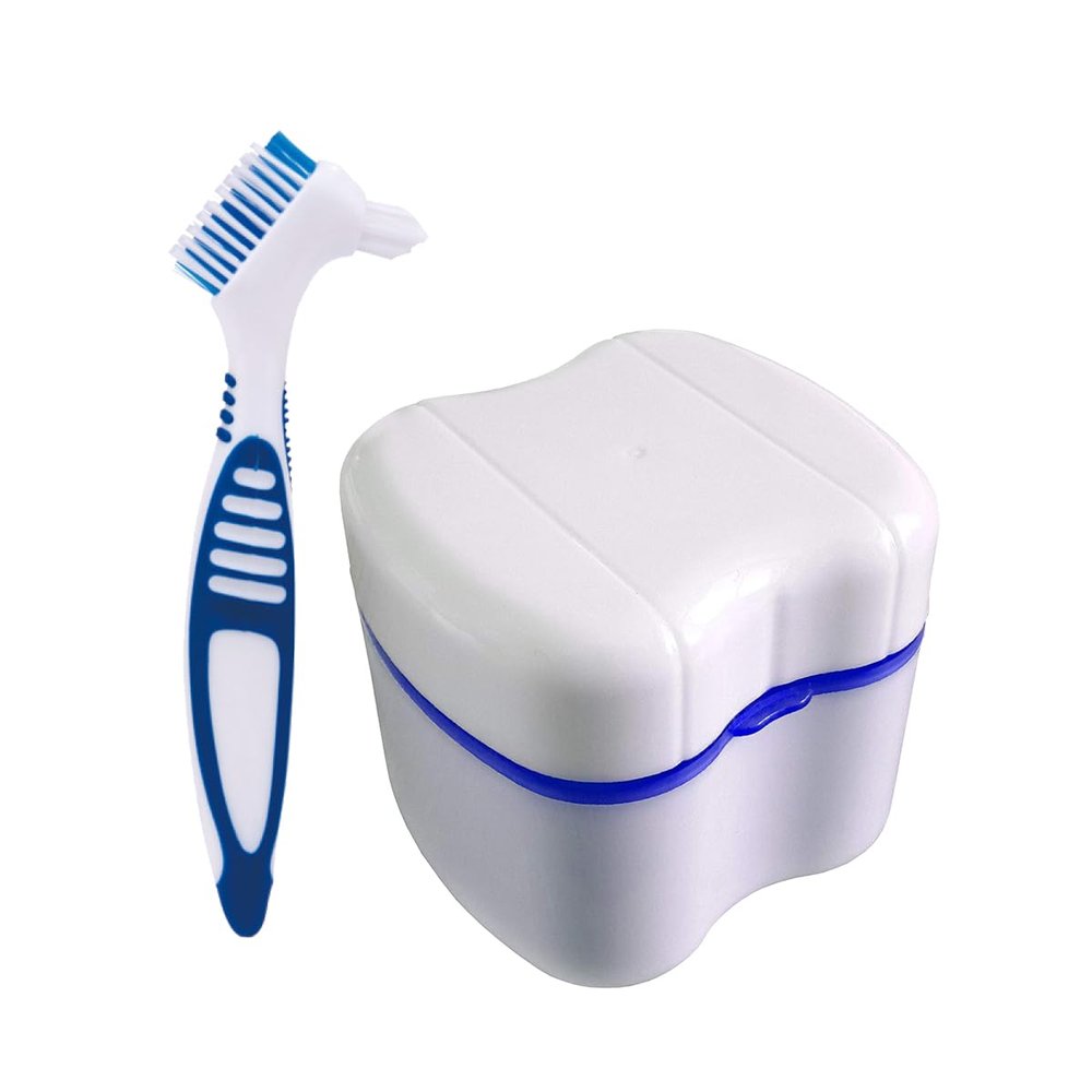 Denture Case and Brush Kit, Denture Bath Box False Teeth Container with Strainer, Dental Retainer Storage Box [Dark Blue]