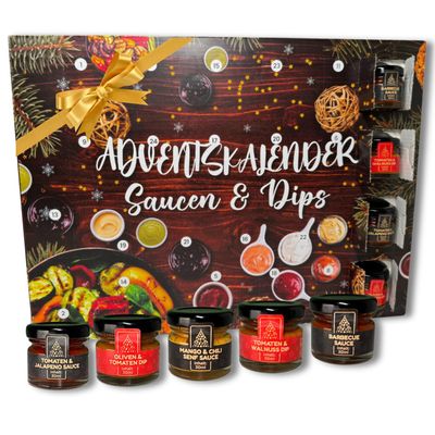 He-Ju Sauces Advent Calendar 2025, 24 Sauces & Dips in 30 ml Jars, BBQ Over Date, Mustard Sauce and Much More, Gift for Men, Foodies & Grill Fans, Handmade in Germany