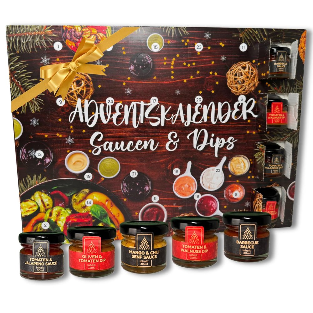 He-Ju Sauces Advent Calendar 2025, 24 Sauces & Dips in 30 ml Jars, BBQ Over Date, Mustard Sauce and Much More, Gift for Men, Foodies & Grill Fans, Handmade in Germany