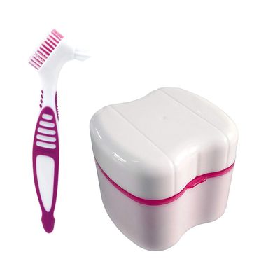 Denture Case and Brush Kit, Denture Bath Box False Teeth Container with Strainer, Dental Retainer Storage Box [Pink]